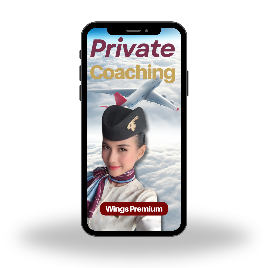 พี่จุ๋ม ex-purser qatar airways ใส่ชุดยูนิฟอร์ม ด้านหลังมี Background รูปเครื่องบินและท้องฟ้า พร้อมข้อความ Private Coaching